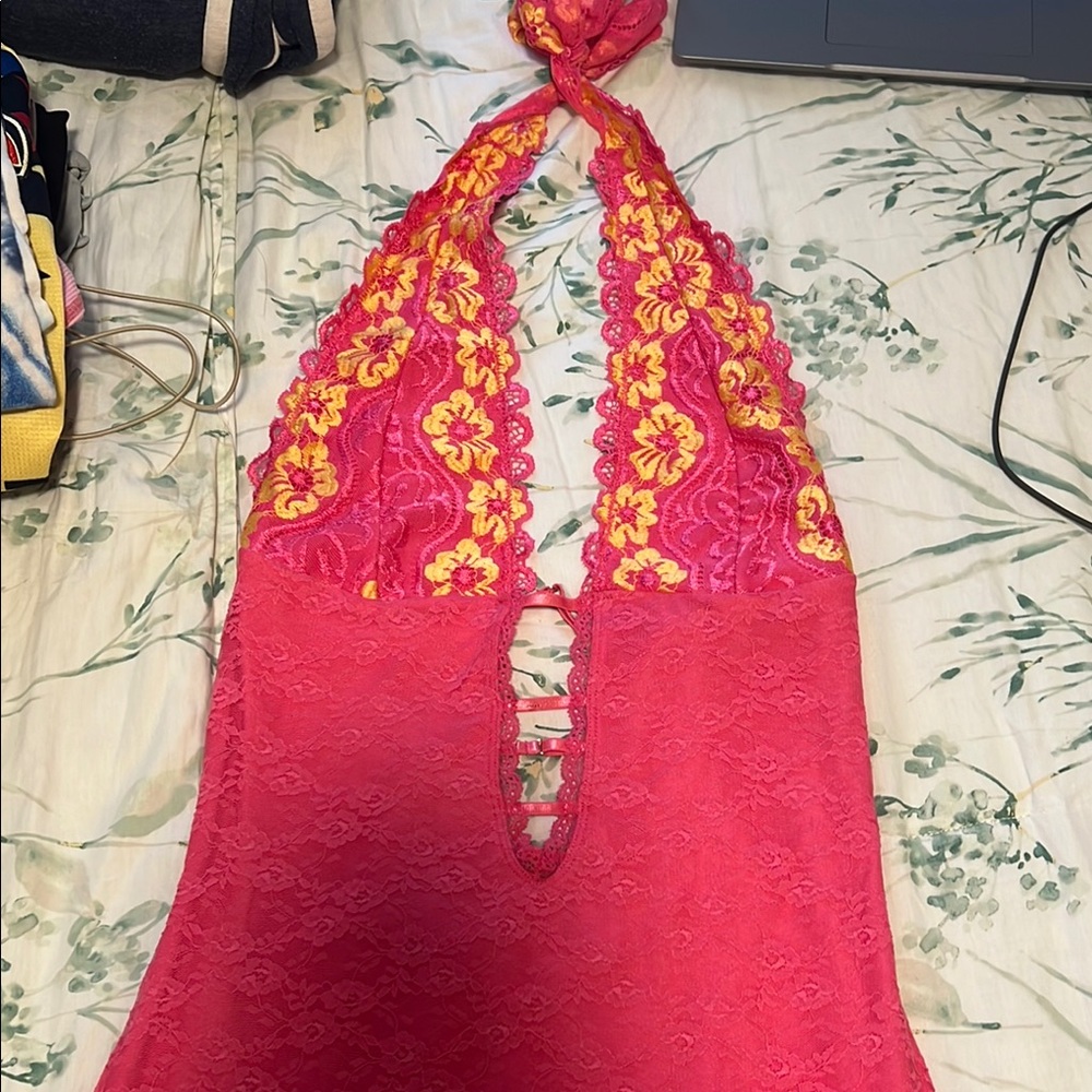 Pink and Yellow Lace Halter dress OUTCAST